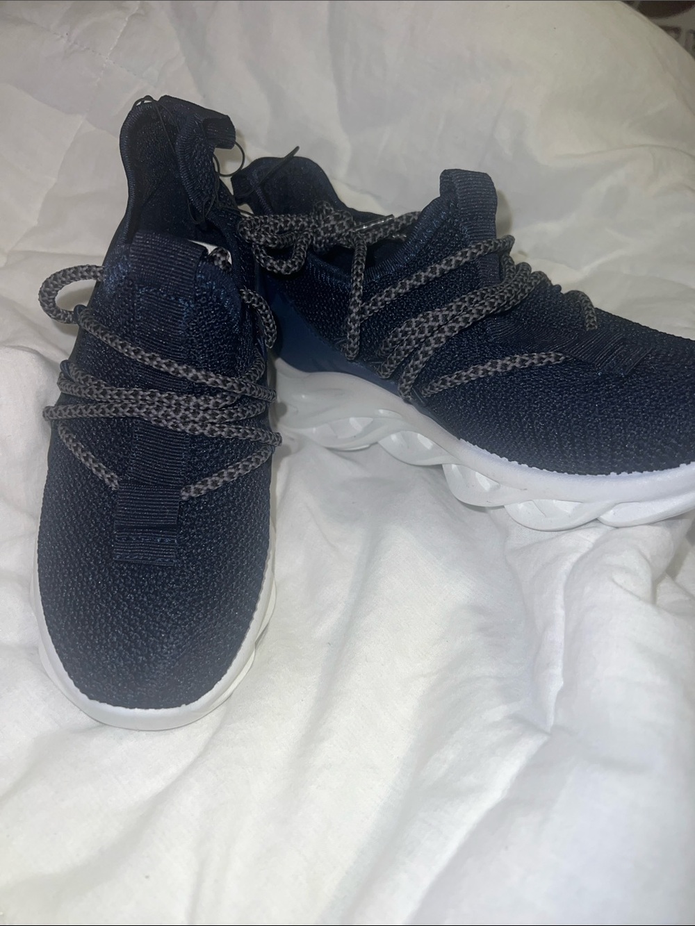 Navy Knit Athletic Sneakers with White Wave Sole